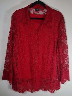 Women's Red Button-up/Tank 2 Pc Floral Lace Blouse 22/24 Vampy Romantic